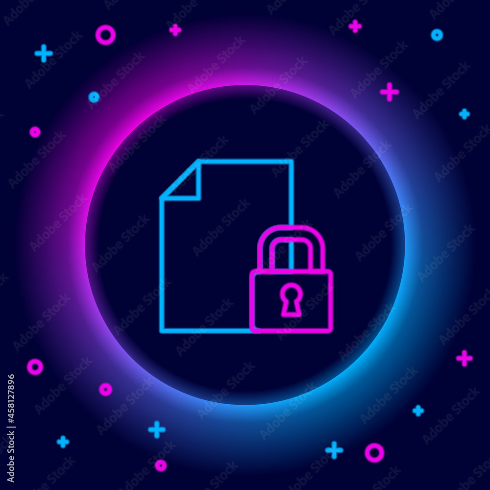 Poster glowing neon line document and lock icon isolated on black background. file format and padlock. secu