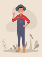 The man points up with his index finger. Vector illustration.