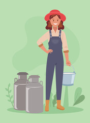 The concept of agriculture. A female farmer holds a bucket of milk.