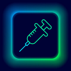 Glowing neon line Syringe icon isolated on black background. Syringe for vaccine, vaccination, injection, flu shot. Medical equipment. Colorful outline concept. Vector
