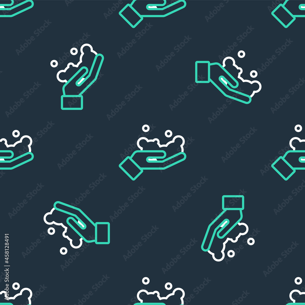 Poster line washing hands with soap icon isolated seamless pattern on black background. washing hands with 