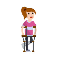 Woman with a broken leg and crutches. Medical care. Trauma patient. Foot in bandage. Crack in the bone. The girl in the pink clothes. Cartoon flat illustration