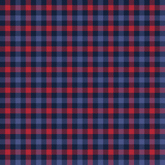 Red, blue and black checkered plaid. Tattersall pattern fabric swatch.