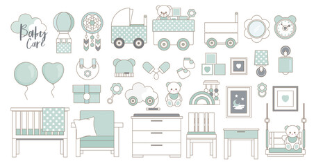 Fototapeta premium Newborn baby care accessories and items. Baby first equipment