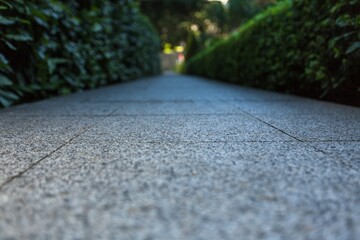 Perspective View of Monotone Gray Brick Stone Street Road. Sidewalk, Pavement Texture Background