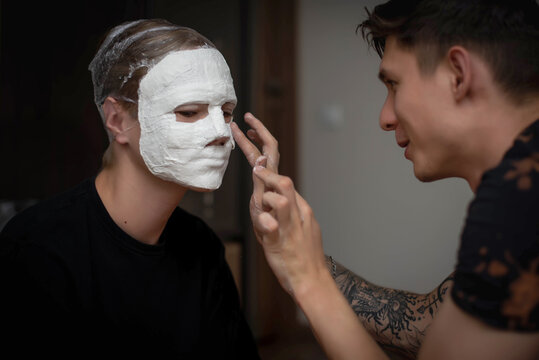 The process of making a plaster mask at home. creating masks based on a plaster cast. Gypsum mold. Cast of the face. Sculpting. The workflow of the artist.