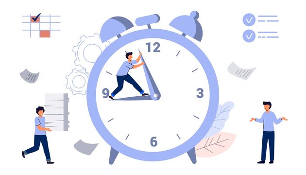 Time management with schedule as busy work productivity tiny person concept Clock and watch as productivity symbol for business meetings, agenda, schedule and work planning Stop time on clock Deadline