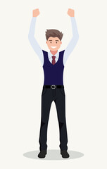 Business man jumps, celebrates the victory. Vector illustration.