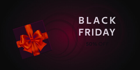 Black Friday Sale. Black friday sale discount flyer template with dark gift box and red bow. Vector gift card. Realistic dark gifts box. Banner, poster, logo of white color on a dark background.
