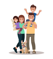 Happy family of four and two pets, posing together, vector illustration
