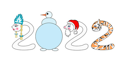 Happy new year 2022 template in cartoon style. 2022 are drawn in the image of a snow maiden, a snowman, Santa Claus and a tiger. Design for banner, greeting card, brochure or print. Vector 