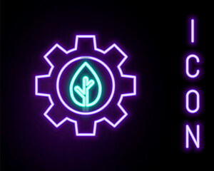 Glowing neon line Leaf plant ecology in gear machine icon isolated on black background. Eco friendly technology. World Environment day label. Colorful outline concept. Vector