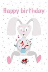 Birthday greeting card template. A cute hare who opens a box with a gift and is surprised. Vector illustration of hare character for kids