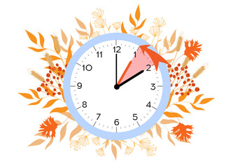 Daylight saving time ends. Vector illustration with a clock turning an hour back. Clocks in a floral frame of autumn orange foliage.
