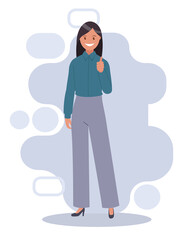 A happy woman gives a thumbs up. The gesture is cool.