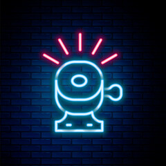 Glowing neon line Bicycle bell icon isolated on brick wall background. Colorful outline concept. Vector