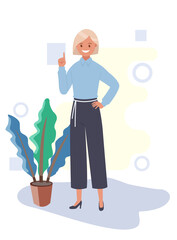 The woman points up with her index finger. Vector illustration.