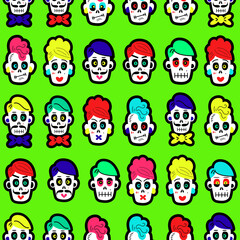 Seamless pattern with bright colorful funny skulls. Background for Halloween and the Day of the Dead. a pattern with sugar skulls. Vector illustration