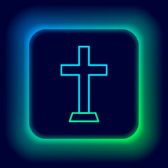 Obraz premium Glowing neon line Christian cross icon isolated on black background. Church cross. Colorful outline concept. Vector