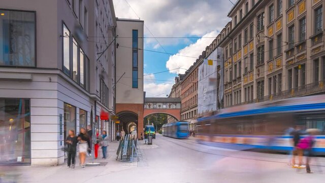 Theatinerstraße munich germany time lapse hyperlpase, munich street old town traffic gate. Maffeistraße munich marienplatz.