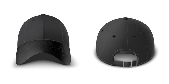 Black baseball cap set front and back view realistic vector template. 