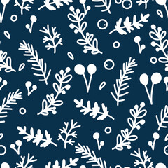 Fototapeta na wymiar Seamless Christmas pattern, New Year's pattern with fir branches, berries and leaves. Decorative berries and mistletoe leaves. Festive gift packaging, print on fabric. Vector in the doodle style