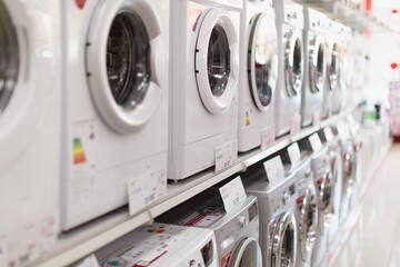 Washing machines, refrigerators and other home related appliance or equipment in the retail store - obrazy, fototapety, plakaty