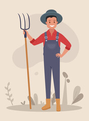 Agricultural work. A man is working in the garden with a pitchfork. Vector illustration.