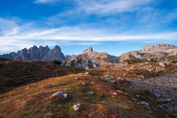 Sunset at Tre Cime di Lavaredo (Drei Zinnen) and rifugio Locatelli , Dolomites, South Tyrol