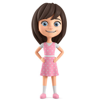 Cartoon character beautiful girl in a pink dress and blue eyes on a white background. 3d render illustration.