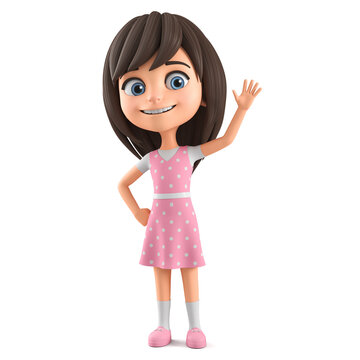 Cartoon character beautiful little girl in a pink dress and blue eyes  welcomes on a white background. 3d render illustration. Stock Illustration  | Adobe Stock