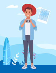 A male tourist with a camera on a sightseeing tour. Vector illustration.