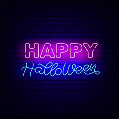 Fototapeta na wymiar Happy Halloween neon neon light lettering. Night bright signboard. Glowing effect banner. Isolated vector illustration