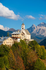 Fototapeta na wymiar Colle Santa Lucia is a beautiful mountain village in the Veneto region, in the province of Belluno, Cortina d’Ampezzo, Tofana mountain range