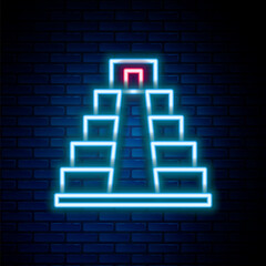 Glowing neon line Chichen Itza in Mayan icon isolated on brick wall background. Ancient Mayan pyramid. Famous monument of Mexico. Colorful outline concept. Vector