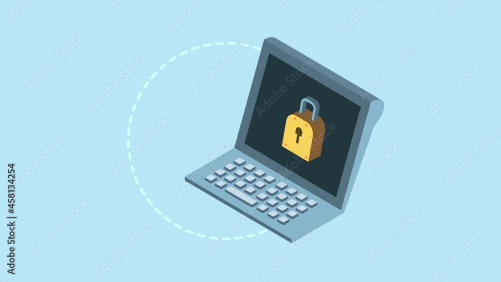 Wall mural laptop and padlock cyber security animation