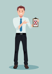 A business person standing and holding an unapproved job in his hands.