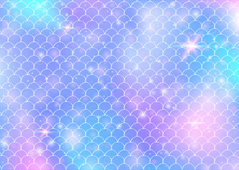 Rainbow scales background with kawaii mermaid princess pattern.