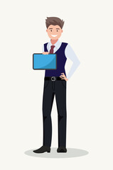 A businessman shows a digital tablet computer. Vector illustration.