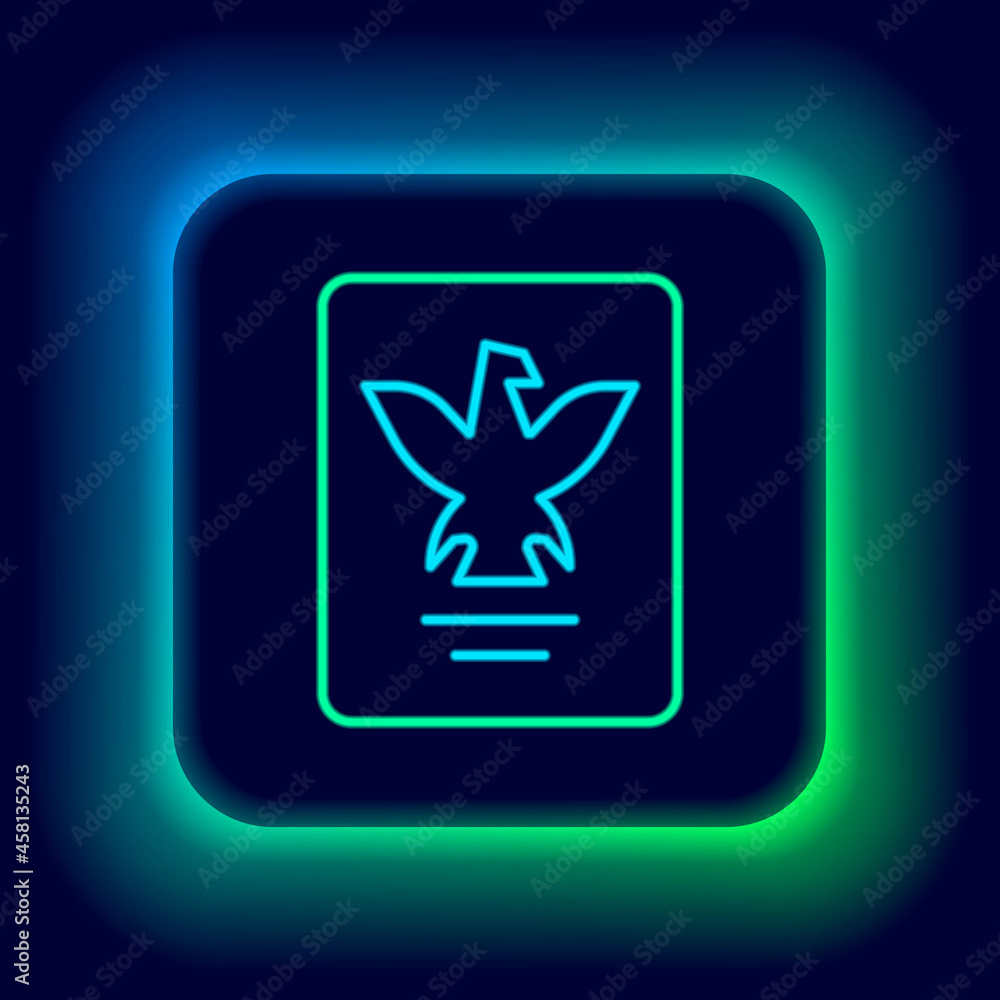 Poster glowing neon line passport with biometric data icon isolated on black background. identification doc