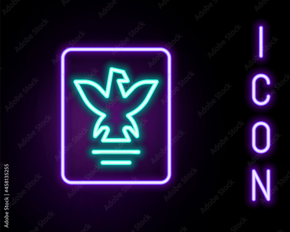 Poster glowing neon line passport with biometric data icon isolated on black background. identification doc