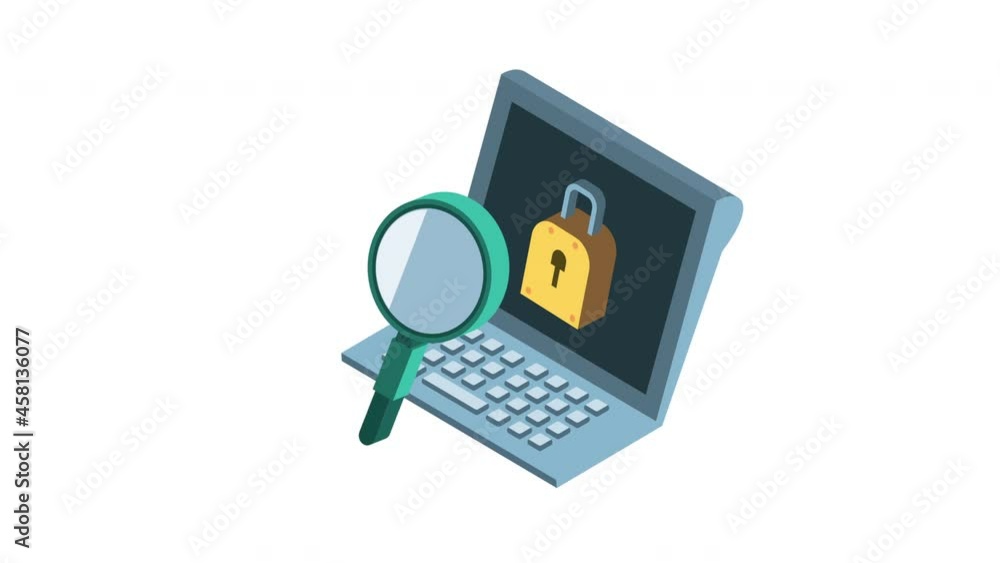 Poster laptop and padlock with magnifying cyber security animation