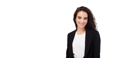 Waist up portrait of young smiling woman isolated on a white background with copy space, wearing white t-shirt and black jacket. Communication concept.