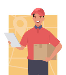 A courier with a box. A young courier in a red hat and uniform. Vector illustration.