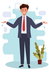The business man spreads his hands to the sides. Vector illustration.