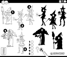 shadows game with witch characters coloring book page