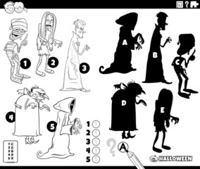 shadows game with Halloween characters coloring book page