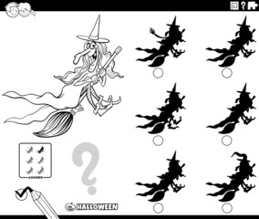 shadows game with cartoon witch coloring book page