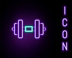 Glowing neon line Dumbbell icon isolated on black background. Muscle lifting, fitness barbell, sports equipment. Colorful outline concept. Vector