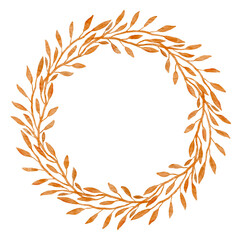 Watercolor illustration of a beautiful wreath of autumn small leaves. Round frame of leaves with place for text for invitations, cards, textiles.